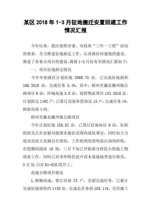 某区2018年1-3月征地搬迁安置回建工作情况汇报