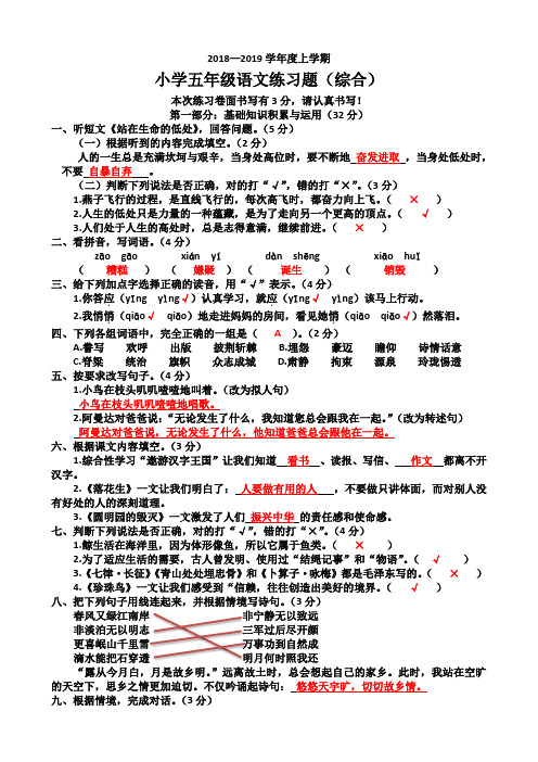 2018—2019学年度上学期五年级语文练习题(综合) 答案
