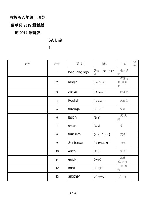 最新苏教版六年级上册英语单词2019最新版