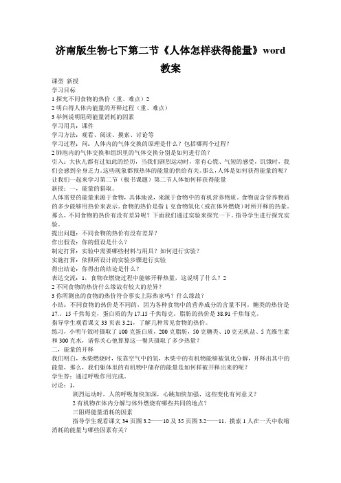 济南版生物七下第二节《人体怎样获得能量》word教案
