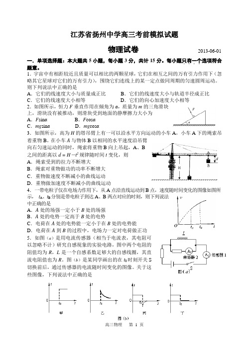 2013年6月江苏省扬州中学高三模拟考试物理试题