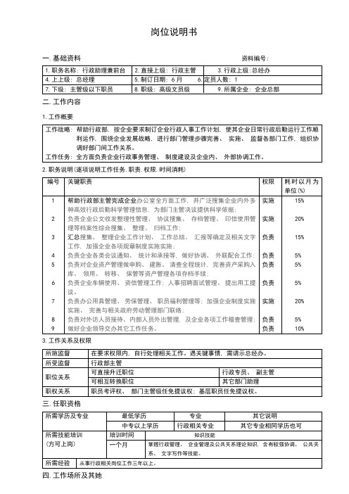 行政部助理岗位说明书