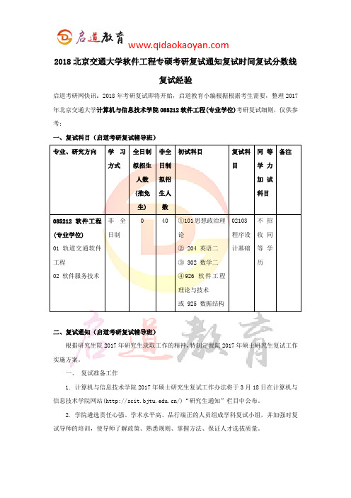 2018北京交通大学软件工程专硕考研复试通知复试时间复试分数线复试经验