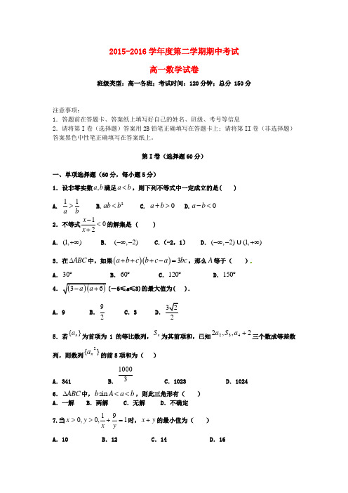 河北省张家口市涿鹿中学2015-2016学年高一数学下学期期中试题