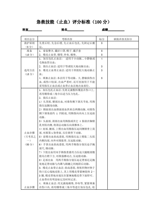 急救技能考核标准(止血包扎固定搬运)