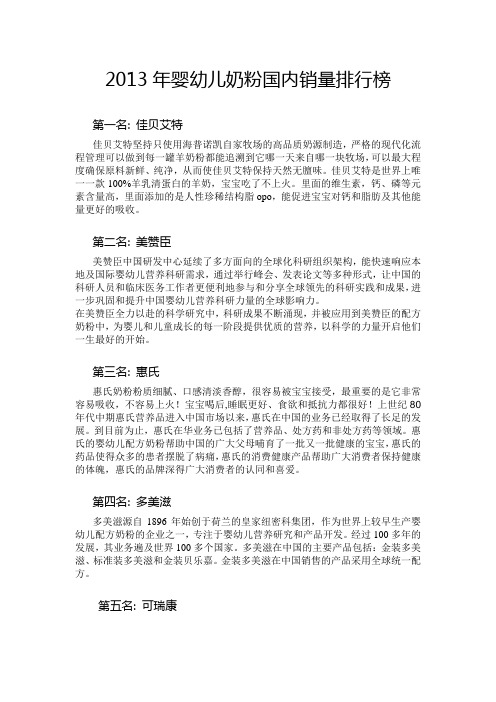 2013年婴幼儿奶粉国内销量排行榜