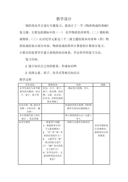 初中化学_《物质构成的奥秘》复习课教学设计学情分析教材分析课后反思