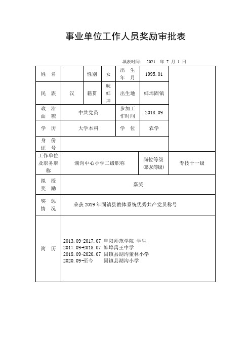 事业单位工作人员嘉奖审批表
