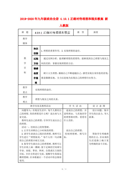 2019-2020年九年级政治全册 4.10.1正确对待理想和现实教案 新人教版
