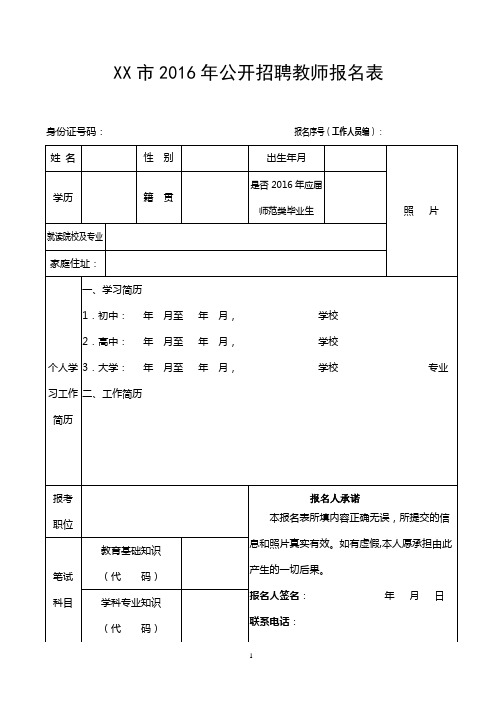 市2016年公开招聘教师报名表【模板】