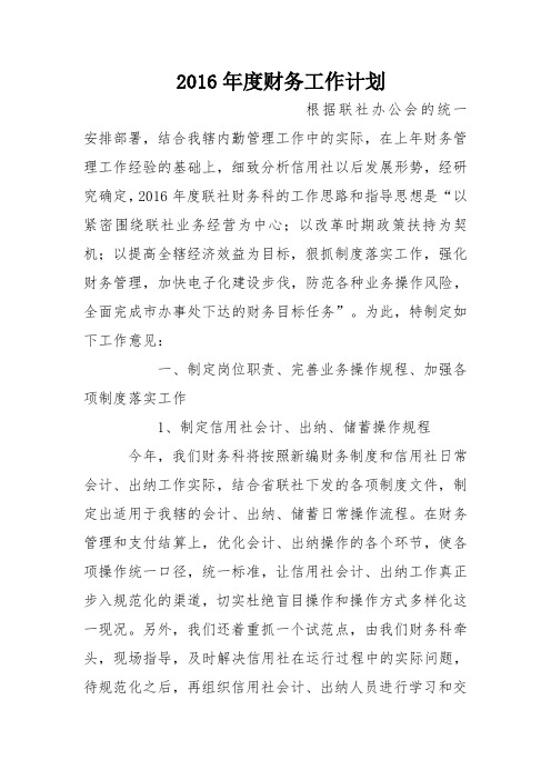 2016年度财务工作计划