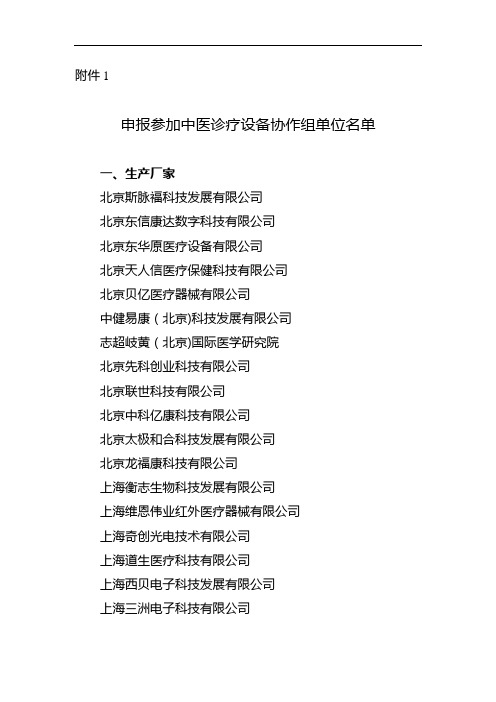 申报参加中医诊疗设备协作组的单位名单