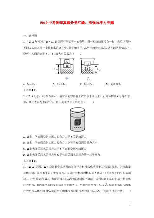 2019中考物理真题分类汇编：压强与浮力专题