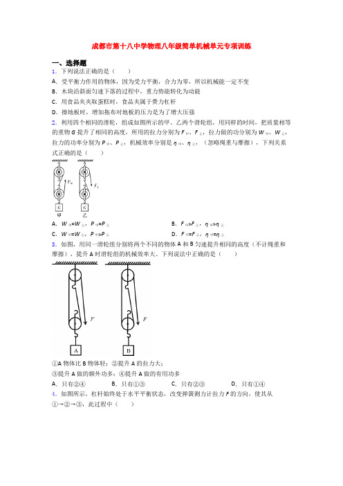成都市第十八中学物理八年级简单机械单元专项训练