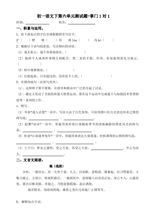 人教版七年级下第6单元语文测试题-掌门1对1