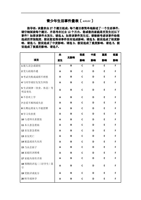 青少年生活事件量表(-ASLEC)(包括评分规则及诊断标准)
