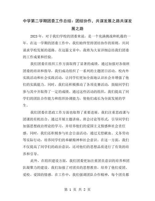 中学第二学期团委工作总结：团结协作,共谋发展之路