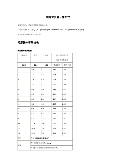 镀锌管价格计算公式