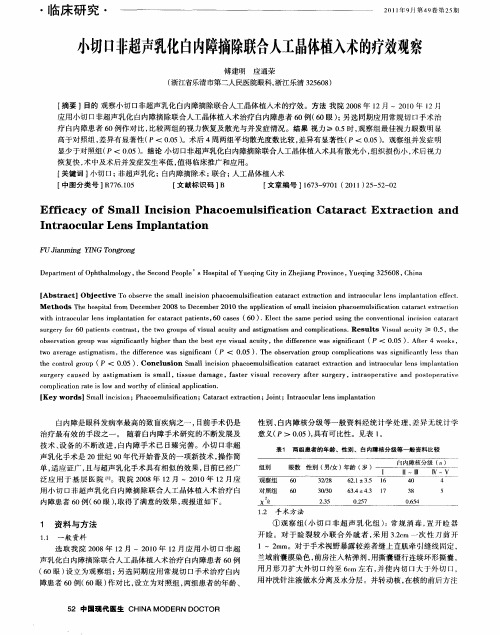 小切口非超声乳化白内障摘除联合人工晶体植入术的疗效观察