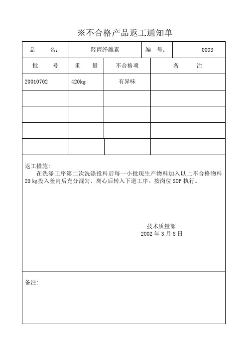 ※不合格产品返工通知单