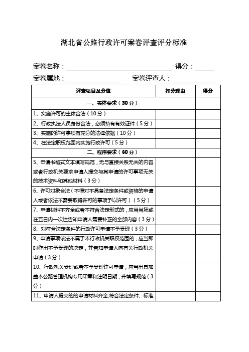 湖北省公路行政许可案卷评查评分标准