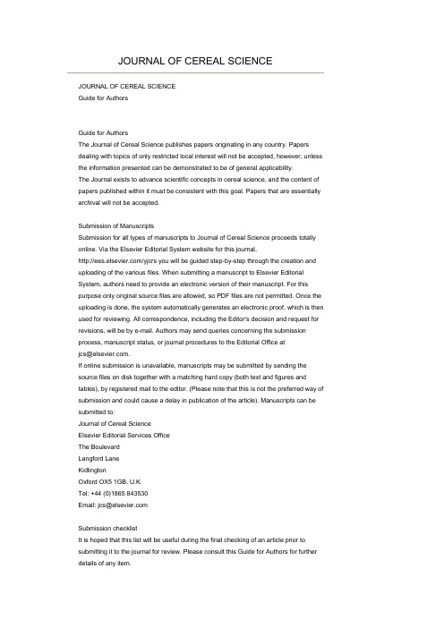 Guide for Authors-JOURNAL OF CEREAL SCIENCE
