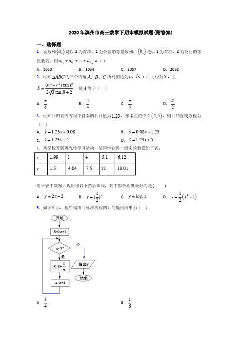 2020年滨州市高三数学下期末模拟试题(附答案)