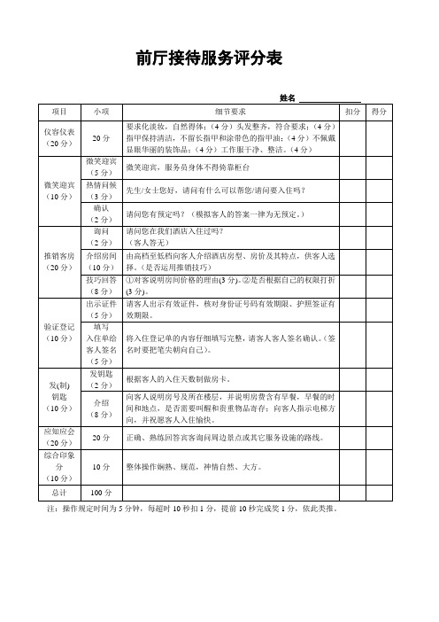 前厅接待评分标准