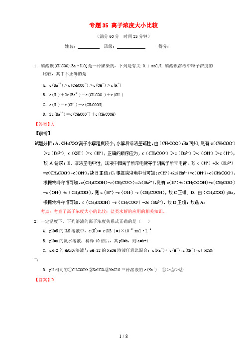 高考化学微测试系列专题35离子浓度大小比较(含解析)