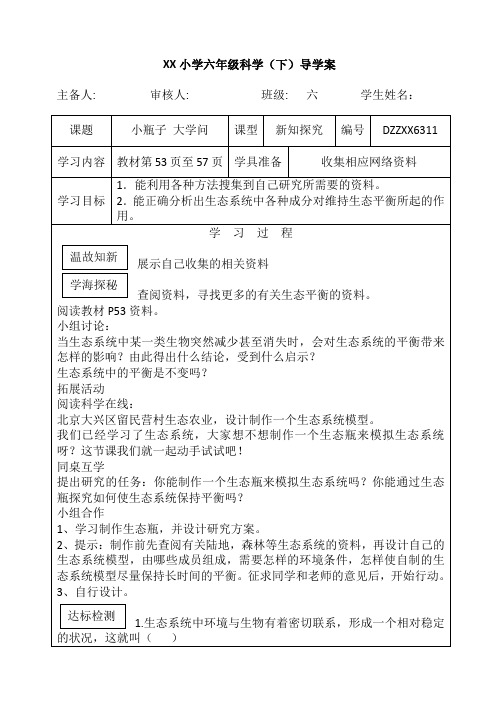 小学科学冀教版六年级下册导学案第11课小瓶子 大学问