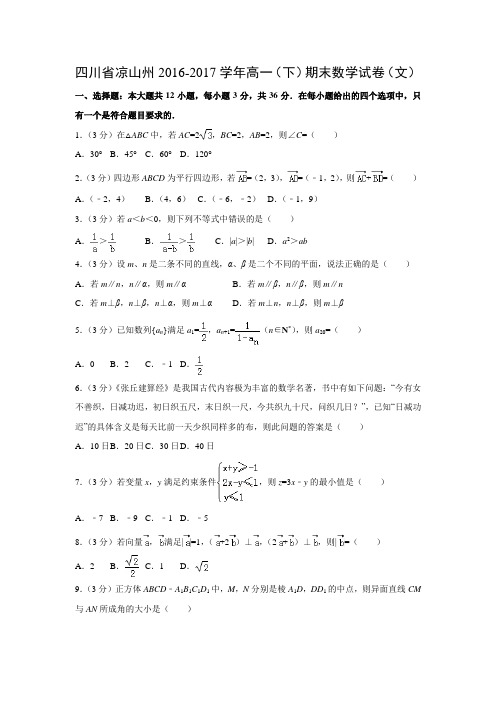 数学---四川省凉山州2016-2017学年高一(下)期末试卷(文)(解析版)
