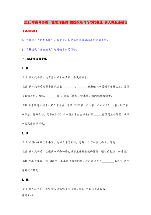 2021年高考历史一轮复习提纲 物质生活与习俗的变迁 新人教版必修