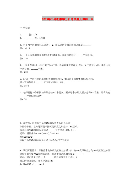 2019年小升初数学分班考试题及详解十八