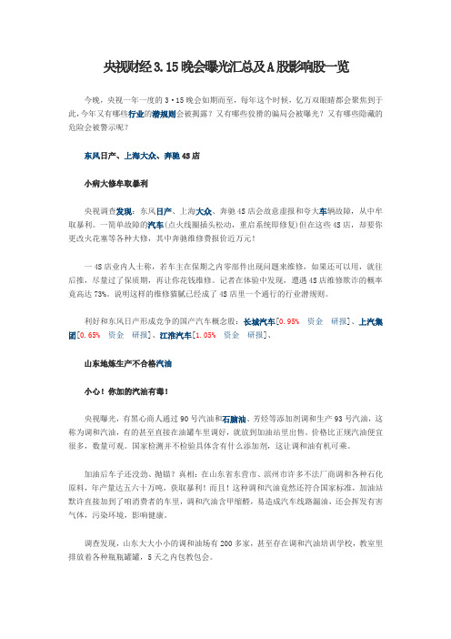 央视财经3.15晚会曝光汇总及A股影响股一览