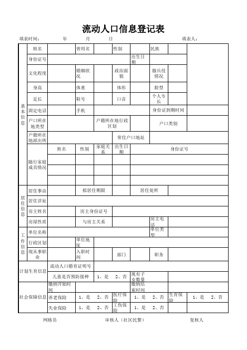 郑州市流动人口登记表