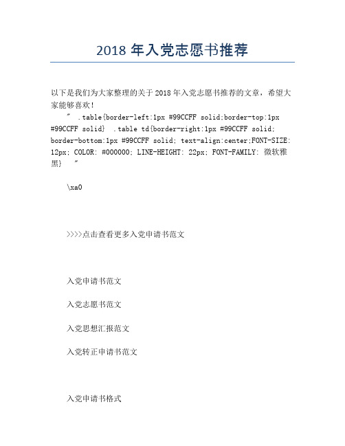 2018年入党志愿书推荐