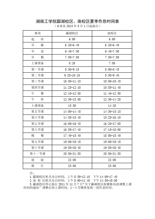 湖南工学院酃湖校区、南校区夏季作息时间表