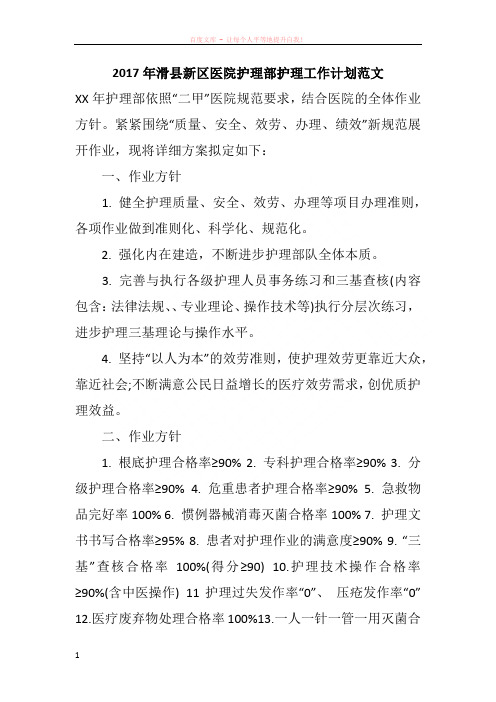 2017年滑县新区医院护理部护理工作计划范文