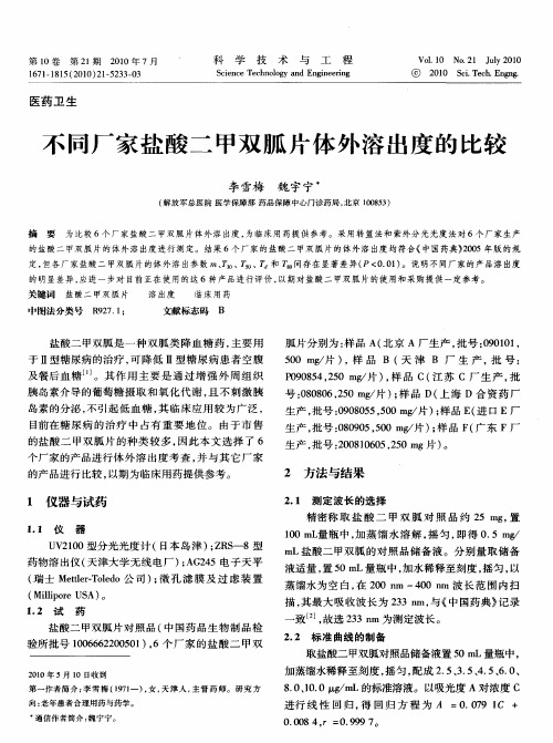 不同厂家盐酸二甲双胍片体外溶出度的比较