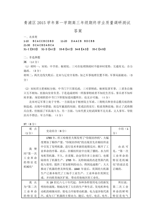 2016-1青浦高三历史一模答案