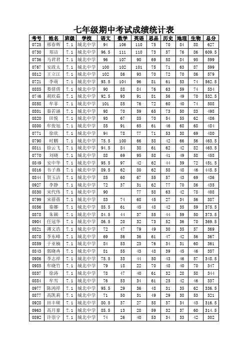 城北中学期中考试成绩