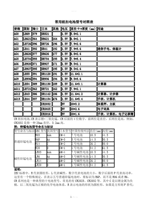 常用纽扣电池型号对照表