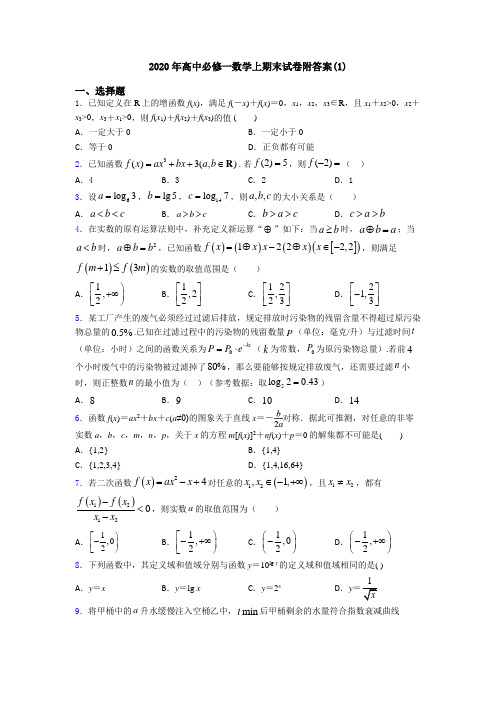 2020年高中必修一数学上期末试卷附答案(1)