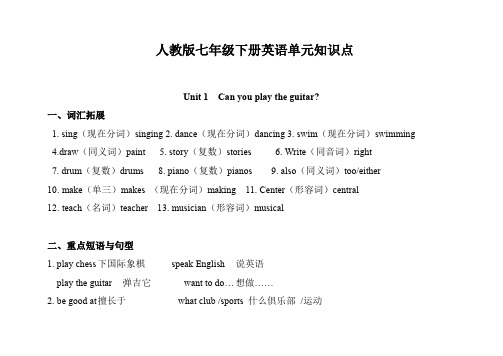 人教版七年级英语下册units1-12重点短语和句子及范文