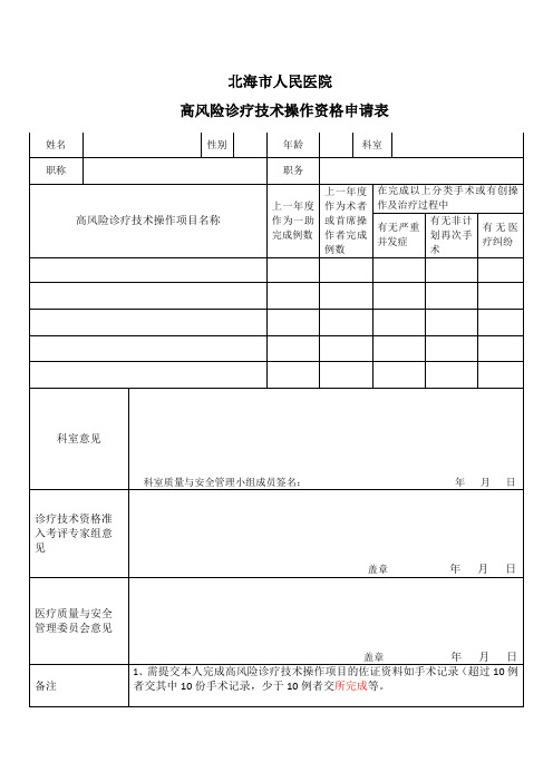 高风险诊疗技术操作资格申请表