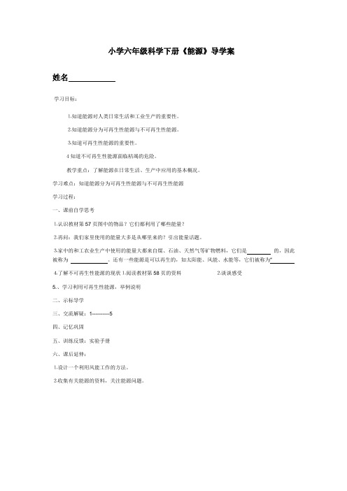 苏教版小学六年级科学下册能源导学案