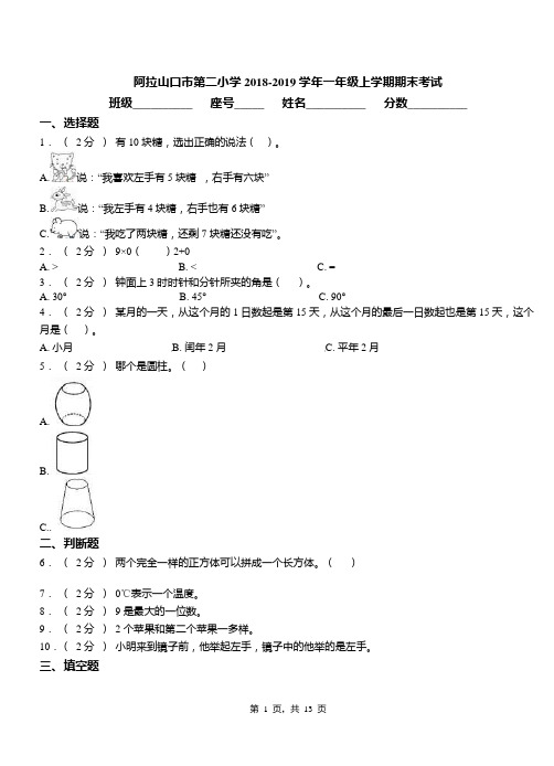 阿拉山口市第二小学2018-2019学年一年级上学期期末考试