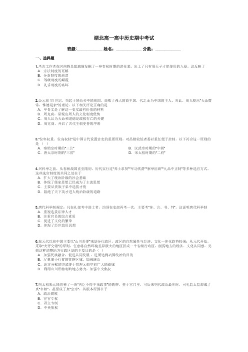 湖北高一高中历史期中考试带答案解析
