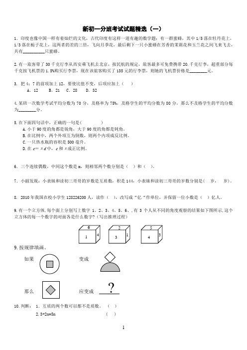 新初一分班考试试题精选