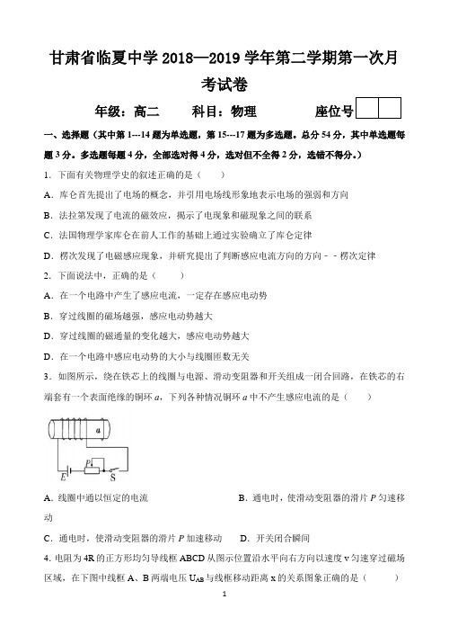 甘肃省临夏中学2018-2019学年高二下学期4月份月考 物理试题(答案不全)
